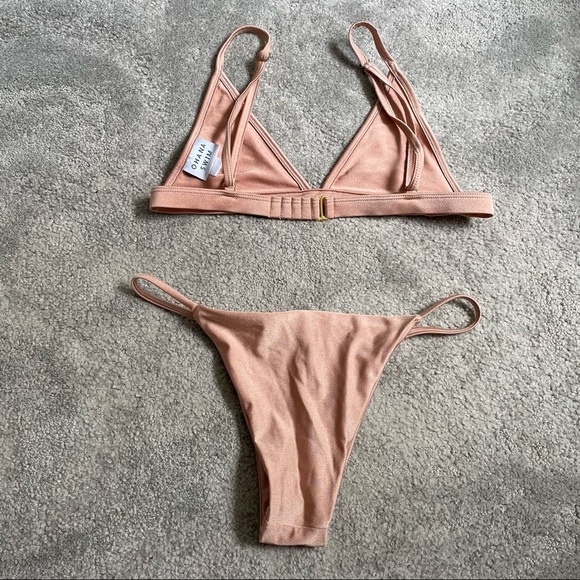Ohana Swim Shimmer Nude Tan Triangle Hipster Two Piece Bikini Swimsuit Suit Sz S - Picture 4 of 8